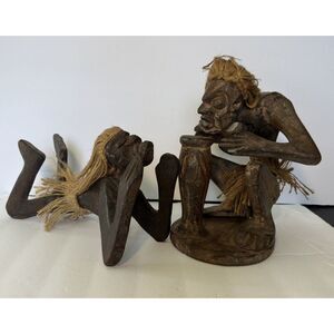 Vintage Primitive Tribal‎ Wood 9" Figures Indonesian Rope Hair and Skirt